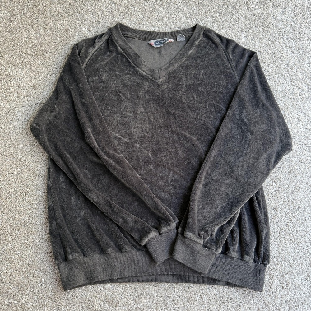 Vintage Action Sweater Mens Medium Gray Velvet V Neck Pullover Casual Loungewear